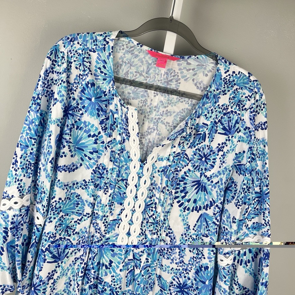 Lilly Pulitzer Hollie Tunic Top Womens L Blue Shell Me You Love Me Resortwear